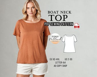 May include: A woman models a rust-colored boat neck top. The image includes text that reads "BOAT NECK TOP PDF SEWING PATTERN." Additional text indicates sizing options: EU XS-4XL and US 2-30. A line drawing of the top is also shown.