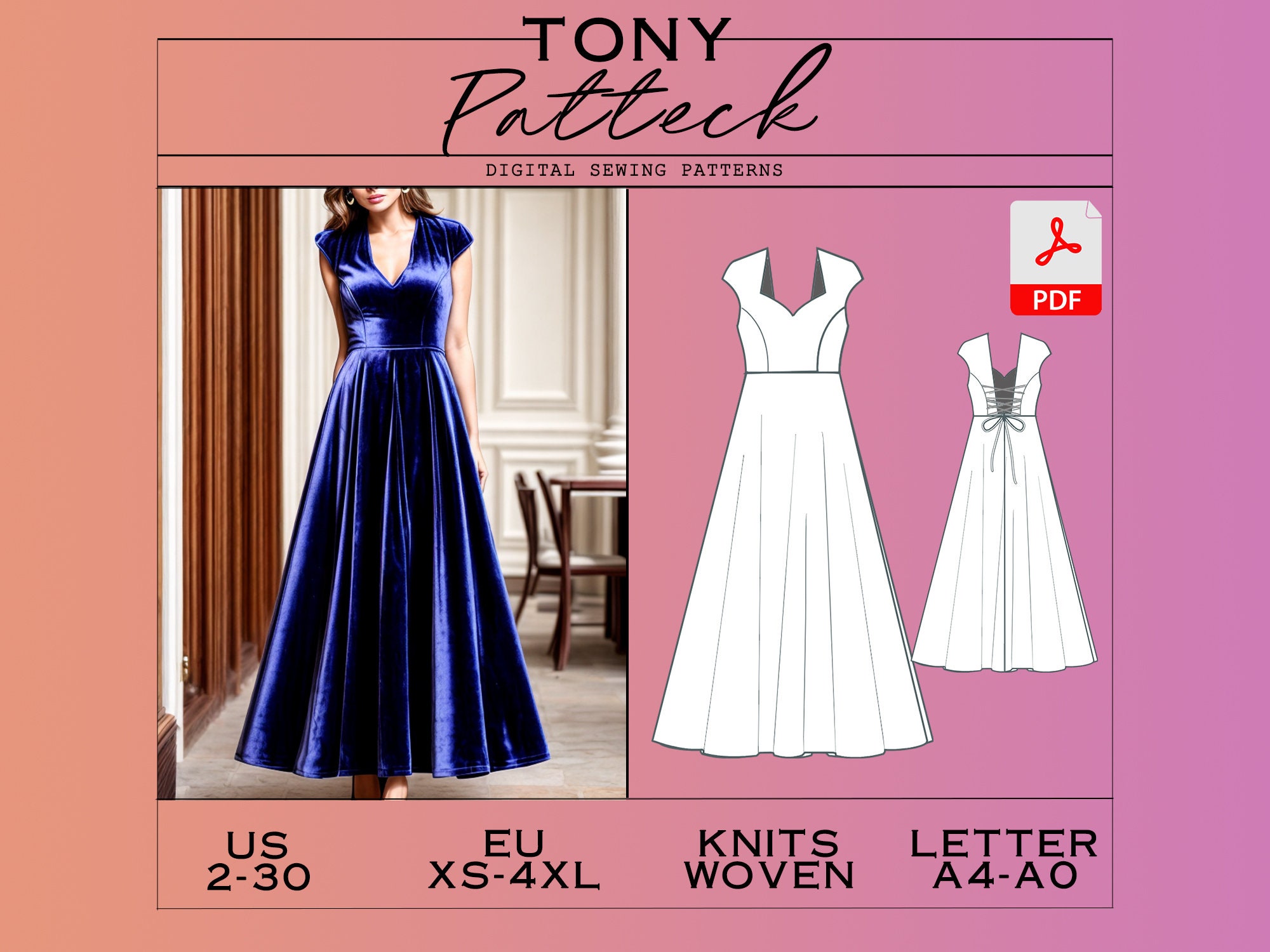 Easy, Elegant Hawaiian Long Dress sizes 4-18 - Victoria Jones Collection Sewing  Pattern # 309 Maxi Dress, Resort wear