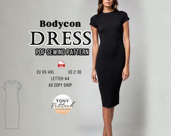 May include: A black bodycon dress with a ribbed texture is featured in this image. The dress is knee-length with short sleeves. Text on the image reads "Bodycon Dress PDF Sewing Pattern" with sizing information and a logo.