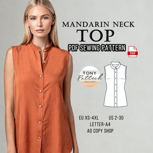 Mandarin Neck Sleeveless Shirt Sewing Pattern: US 2-30 (Digital PDF)