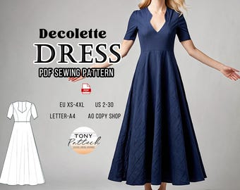 Puede incluir: Un vestido azul marino con escote en V y mangas cortas. El vestido tiene una falda amplia y un patrón de diamantes. La imagen también incluye un dibujo lineal del vestido y el texto "Decolette DRESS PDF SEWING PATTERN".