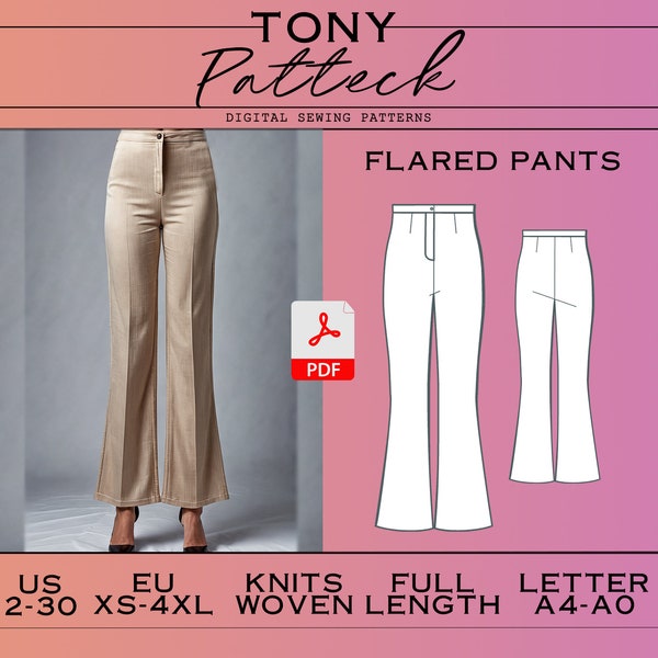 Flared Pants Sewing Pattern, Full Length Pants Digital PDF Pattern, US 2-30, EU Xs-4Xl Plus Size Patterns, Women Sewing Patterns