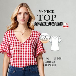 V Neck Basic Blouse Sewing Pattern, Digital PDF Pattern, Summer T-Shirt Pattern, Short Sleeve T-Shirt Pattern, US 2-30 Plus Size Patterns
