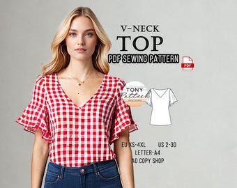 V Neck Basic Blouse Sewing Pattern, Digital PDF Pattern, Summer T-Shirt Pattern, Short Sleeve T-Shirt Pattern, US 2-30 Plus Size Patterns