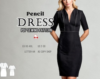 May include: A black pencil dress with a V-neck and short sleeves. The image includes the text "Pencil Dress PDF Sewing Pattern" and size information: EU XS-4XL, US 2-30. The dress is shown on a model.