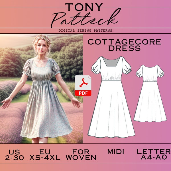 Cottagecore Dress Sewing Pattern, Digital PDF Pattern, Vintage Pattern, US 2-30 Plus Size Patterns, Women Sewing Pattern, Summer Patterns