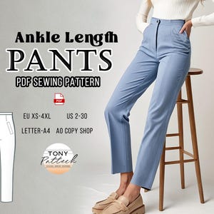 Puede incluir: Un patrón de costura PDF para pantalones de longitud de tobillo. El patrón incluye las tallas XS-4XL (EU) y 2-30 (US). El patrón está disponible en tamaños A4 y A0.
