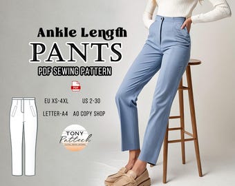 Op de afbeelding: Lichtblauwe enkellange broek. De afbeelding bevat een PDF-naaipatroon met de tekst "Ankle Length PANTS PDF SEWING PATTERN". Verkrijgbaar in de maten EU XS-4XL en US 2-30. Het merklogo "TONY Patteck" is ook zichtbaar.