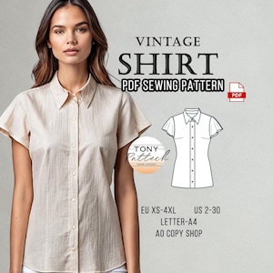 Patrón de costura para camisa entallada de manga corta vintage (PDF digital) talla 2-30 de EE. UU.