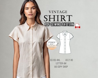 Vintage Short Sleeve Shirt Sewing Pattern, Digital PDF Pattern, Summer Blouse Pattern, Fitted Shirt Pattern, US 2-30 Plus Size Patterns