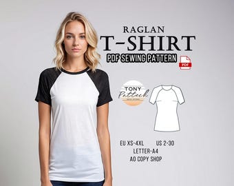 Raglan Basic T-Shirt Sewing Pattern, Digital PDF Pattern, Summer Blouse Pattern, Short Sleeve T-Shirt Pattern, US 2-30 Plus Size Patterns