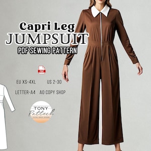 Peut inclure: Un combishort marron à jambes capri avec un col blanc et une fermeture éclair sur le devant. L'image comprend le texte "Capri Leg Jumpsuit PDF Sewing Pattern" et des informations de taille. Un dessin au trait du combishort est également affiché.