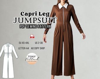 Capri Jumpsuit Sewing Pattern: Women's Sleeve Pantsuit (Digital PDF Pattern)