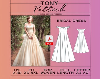 Wedding Dress Sewing Pattern, Digital PDF Pattern, Bridesmaid Dress Pattern, Off Shoulder Dress, US 2-30 Plus Size Patterns, Eu Xs-4xl