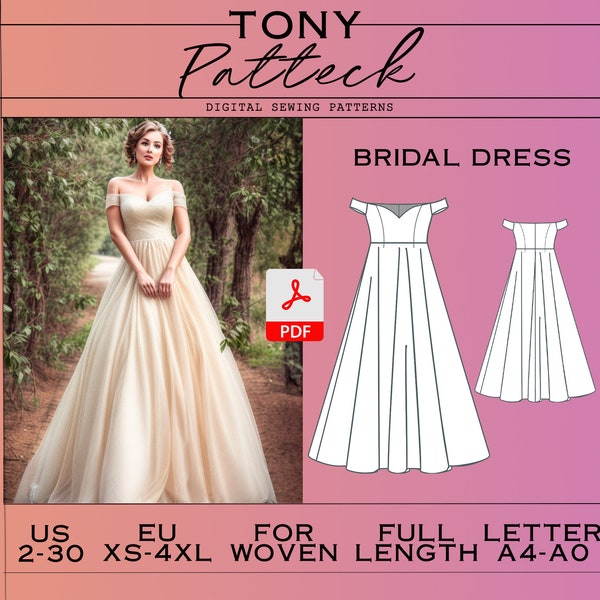 Wedding Dress Sewing Pattern, Digital PDF Pattern, Bridesmaid Dress Pattern, Off Shoulder Dress, US 2-30 Plus Size Patterns, Eu Xs-4xl
