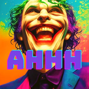 May include: A digitally-created image of a smiling person with green and purple hair, red lips, and the word "AHHH" in purple letters. The person is wearing a dark suit with a teal jacket and a pink shirt.
