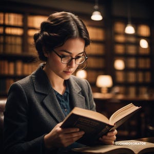 May include: A person wearing glasses and a gray blazer reads a book in a library. The book is open, with visible text. The background features bookshelves filled with books and soft lighting.