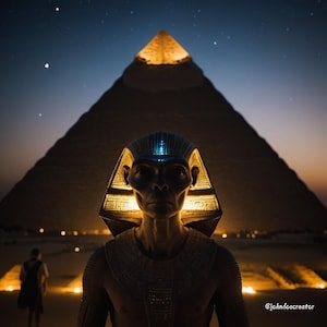 Peut inclure: Représentation artistique d'une statue de pharaon égyptien illuminée devant la Grande Pyramide la nuit. La pyramide est éclairée et le ciel est rempli d'étoiles. Le pharaon porte une coiffe dorée.