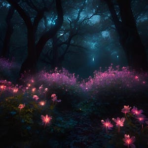 May include: A digital art image of a mystical forest at night. Tall, dark trees frame a scene of glowing pink flowers and foliage. The sky is a deep blue, with hints of light. The overall effect is magical and ethereal.