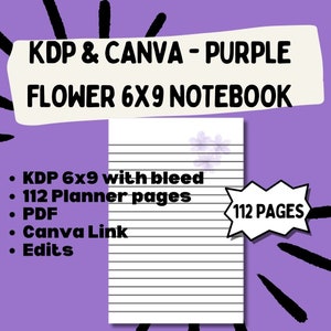 May include: A purple notebook with the text "KDP & CANVA - PURPLE FLOWER 6X9 NOTEBOOK." The notebook has lined pages and a floral design. Features include 112 pages, KDP 6x9 with bleed, PDF, Canva Link, and edits.