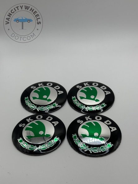 Skoda Auto Black, Green & White Circular Logo Stickers. 2 Pair.