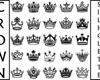 Puede incluir: Una colección de 25 siluetas de coronas en blanco y negro. La palabra "CROWN" está escrita verticalmente en el lado izquierdo de la imagen y la palabra "SILHOUETTE" está escrita verticalmente en el lado derecho de la imagen.