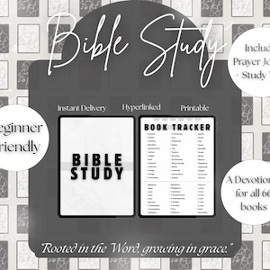 May include: Digital Bible study guide with the words "Bible Study" in large, bold text. Includes a book tracker and prayer journal. The image also includes the text "Beginner Friendly" and "A Devotional for all 66 books."