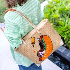 Handmade Straw Shoulder Bag with Leather Handle, Hot Dog Puppy Embroidery Tote, Funny Woven Basket Bag, Gift for Dog Lovers