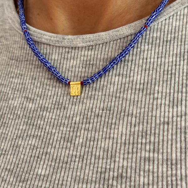 Custom made for Grace,Blue Stripe Glass Bead Necklace, 925 Sterling Silver Necklace, Red Bead Necklace, Minimal Red Necklace,