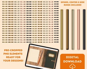 Realistic Binder Rings for Digital Planners, Metallic Coils and Spines, Transparent PNG for Goodnotes, Notability and Planner Design
