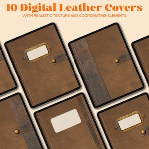May include: Ten digital leather covers with realistic texture and coordinating elements. The covers are brown with gold accents and have a vintage look.