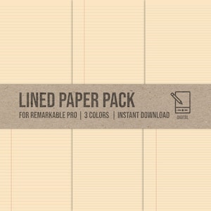 May include: A digital Lined Paper Pack for Remarkable Pro. The image shows several sheets of lined paper with a vintage aesthetic. The paper has horizontal lines and vertical margin lines. The text on the image reads "Lined Paper Pack" and "3 Colors | Instant Download".