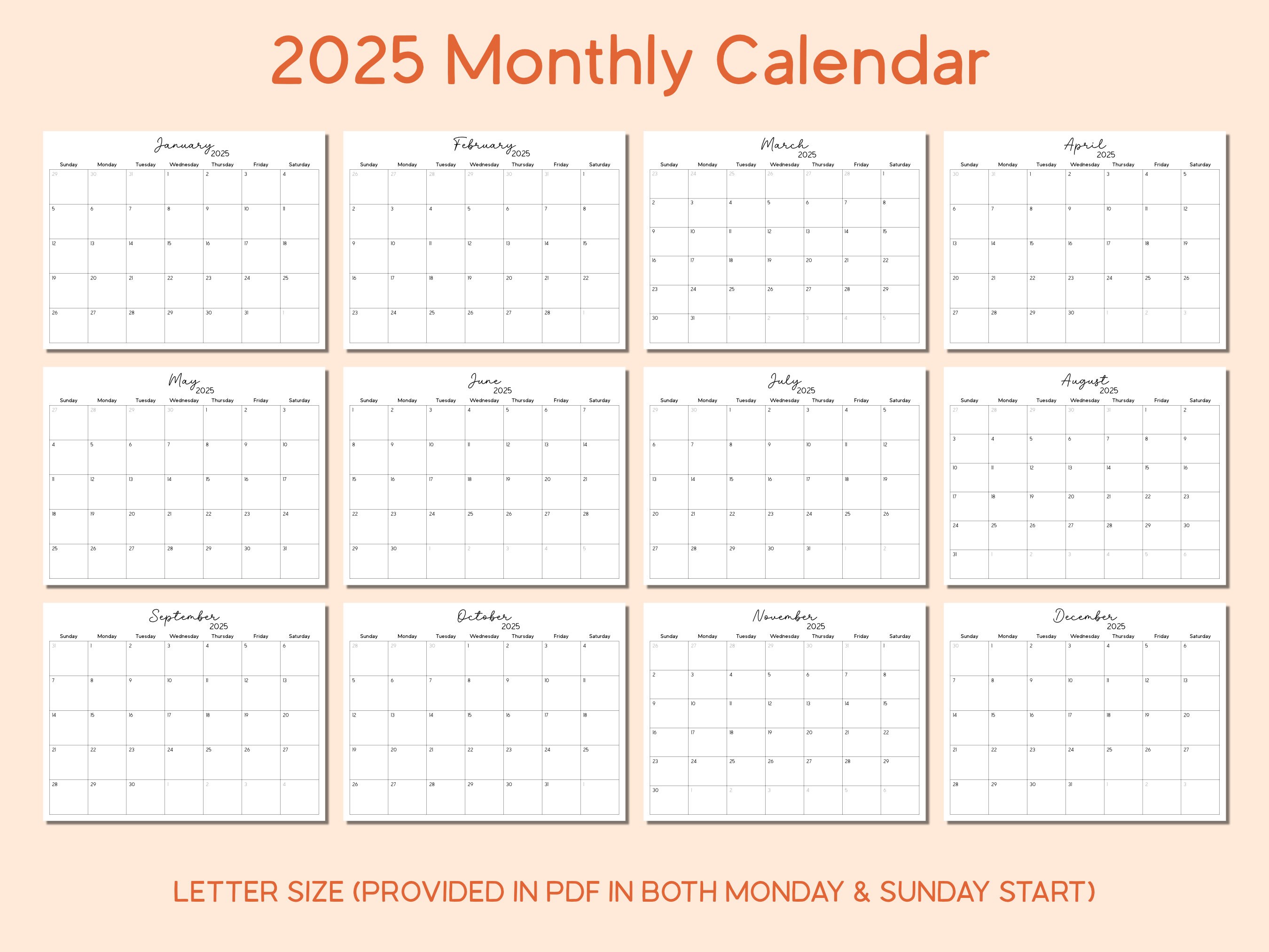 2025 Printable PDF Full Monthly Calendar | Landscape, Letter, A4
