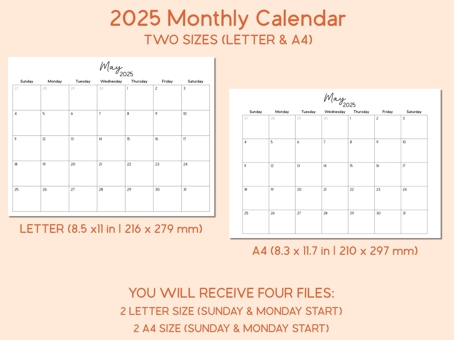 2025 Printable PDF Full Monthly Calendar | Landscape, Letter, A4