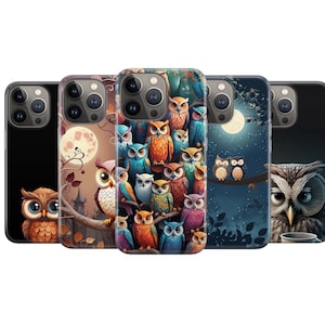 May include: Five smartphone cases featuring owl designs. One case is black with a single owl, another shows an owl on a branch with a full moon, the center case displays a cluster of colorful owls, one features two owls under a moon, and one shows a close-up owl face.