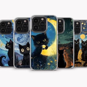Black Cat Phone Case Van Gogh Painting Cover for iPhone 15 Pro Max , iPhone 14, iPhone 13, iPhone 12, iPhone 11, Samsung S24 Ultra, S23, A15