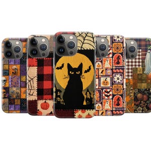 May include: Five smartphone cases featuring various Halloween-themed patchwork designs. Patterns include a black cat silhouette against a yellow moon, pumpkins, ghosts, skulls, spider webs, and plaid textures in orange, black, and purple colour palettes.