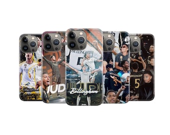 May include: Five smartphone cases featuring photographic collages of Jude Bellingham in various Real Madrid football kits. The designs include action shots, the player celebrating with arms outstretched, and the text Bellingham and Jude.