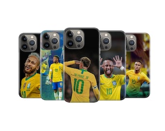 May include: Five smartphone cases featuring various photographic prints of a football player wearing a yellow and green Brazil jersey with the number 10. Each case displays a different pose of the athlete, including front, back, and action shots.