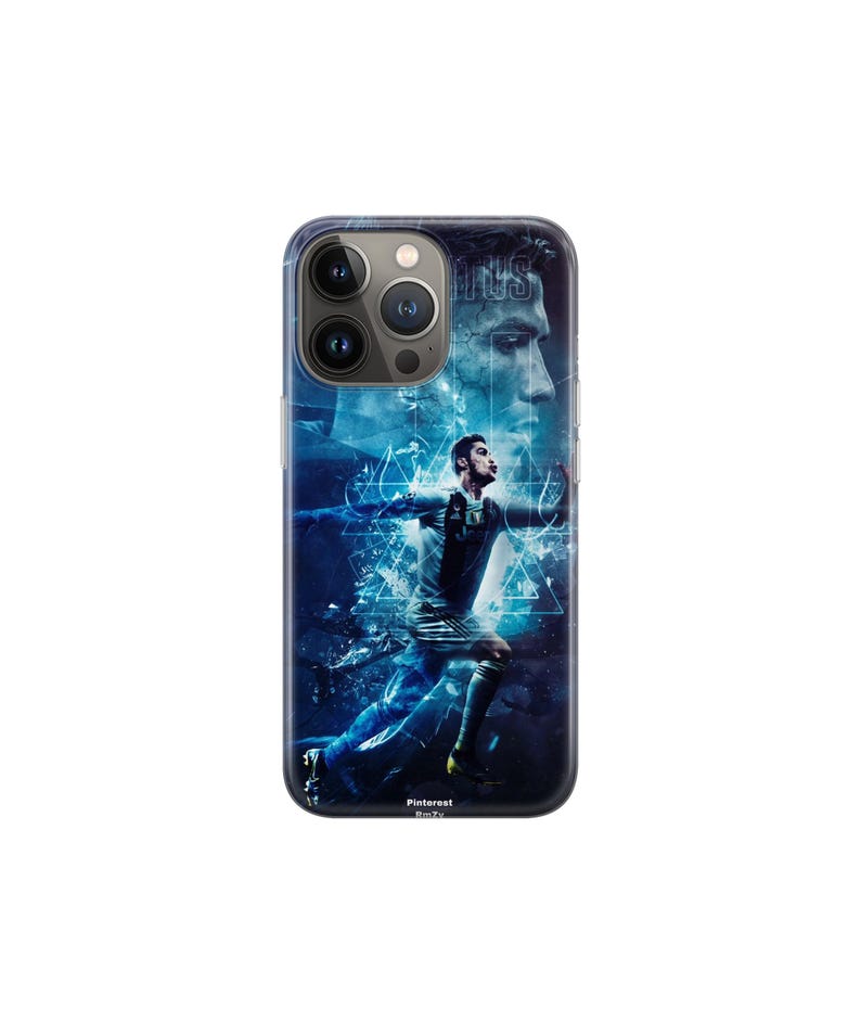 May include: A phone case with a blue and white graphic of a soccer player. The design includes a portrait of the player and the word "JUVENTUS". The case has a glossy finish and a camera cutout.