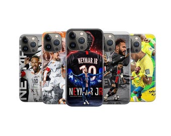 May include: A selection of smartphone cases showcasing images of a soccer player in action. The cases feature bright colours and the text "NEYMAR JR" is visible on some. The cases are designed to fit a mobile phone.