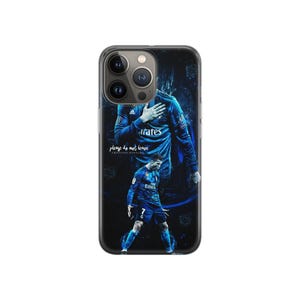 May include: Black phone case with a blue image of a footballer in a blue kit. The case has the text "please do not leave" and "Cristiano Ronaldo". The phone case is designed to fit a smartphone.