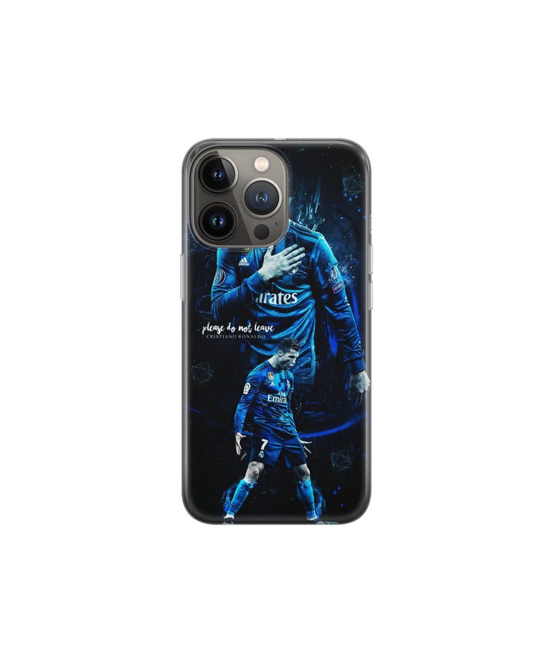May include: Black phone case with a blue image of a footballer in a blue kit. The case has the text "please do not leave" and "Cristiano Ronaldo". The phone case is designed to fit a smartphone.