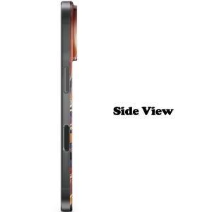 May include: Side view of a smartphone case with a colourful, abstract design. The case has a dark grey frame and a patterned back with orange, purple, and yellow hues. The text "Side View" is visible in black.