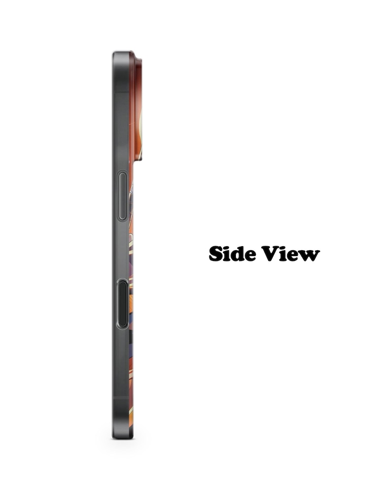 May include: Side view of a smartphone case with a colourful, abstract design. The case has a dark grey frame and a patterned back with orange, purple, and yellow hues. The text "Side View" is visible in black.