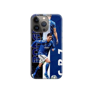 May include: A phone case with a design featuring a soccer player in a blue and white uniform. The case has a blue background with the player's image and the word "RONALDO" in white. The number "7" is also visible.