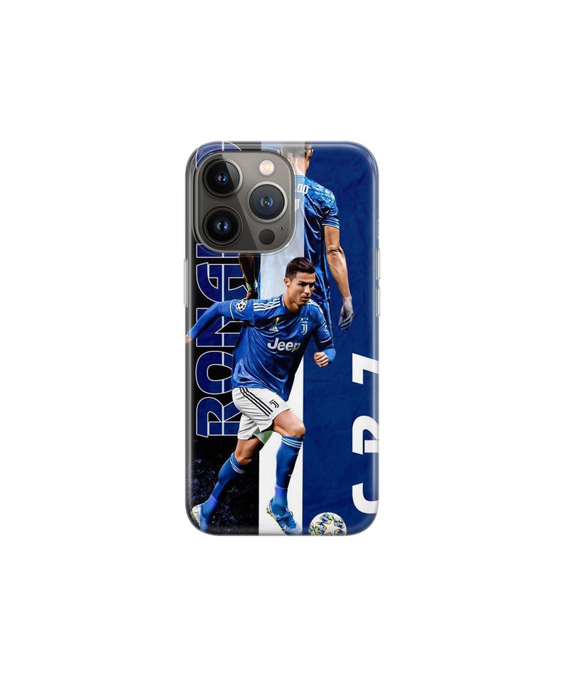 May include: A phone case with a design featuring a soccer player in a blue and white uniform. The case has a blue background with the player's image and the word "RONALDO" in white. The number "7" is also visible.