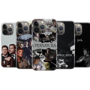 May include: Five smartphone cases featuring imagery from the television series Supernatural. The designs include character portraits, a black car, a skull, and text elements such as Supernatural, Surprise, Bitch, and Jerk, displayed on various backgrounds.