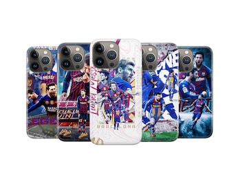 May include: Five smartphone cases showcasing images of a soccer player in a team uniform. The cases display action shots and portraits of the player, with the team's colours and logo. The cases are designed for a smartphone.
