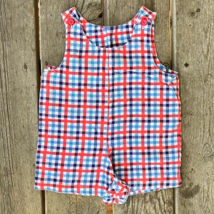 Vintage Baby Hand Sewn Romper Size 18mo Plaid Red White and Blue Shortall